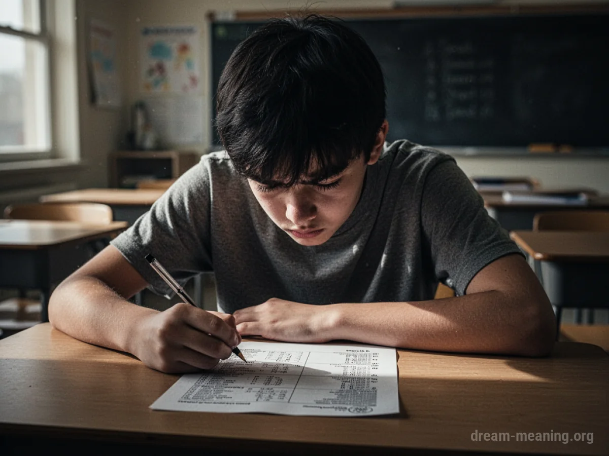 A student's head bent over a test paper on a desk in a dimly lit classroom.
