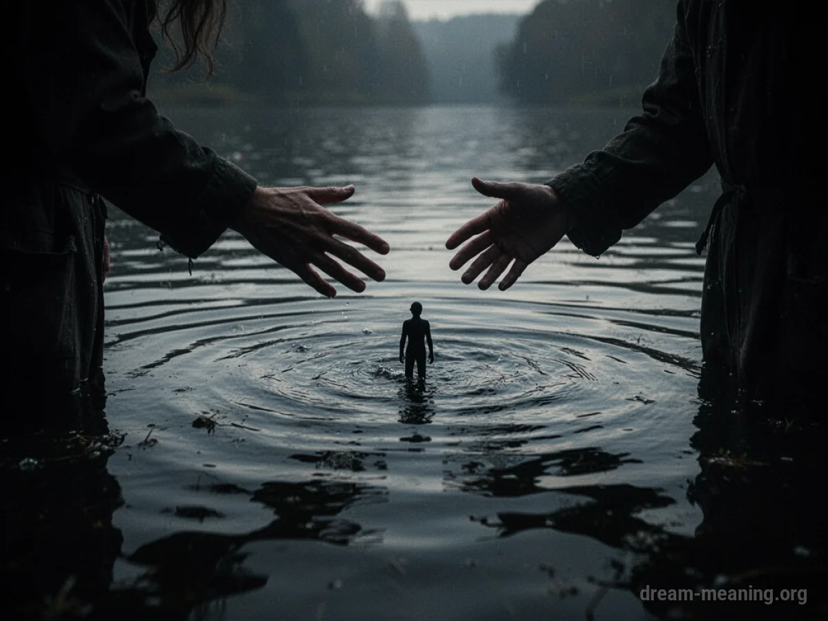 A dark silhouette of a child struggling in murky water with a hand reaching from the edge.