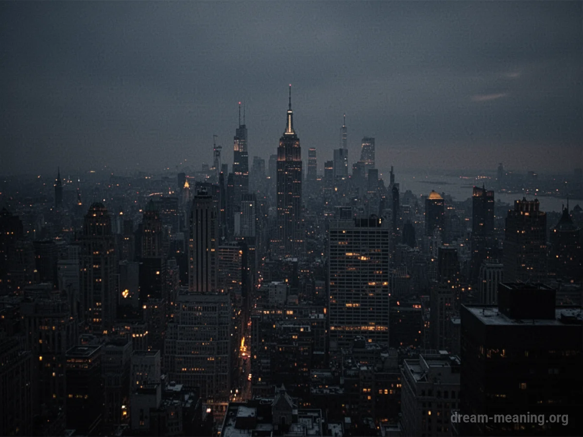 Darkened city skyline with sparse lights.