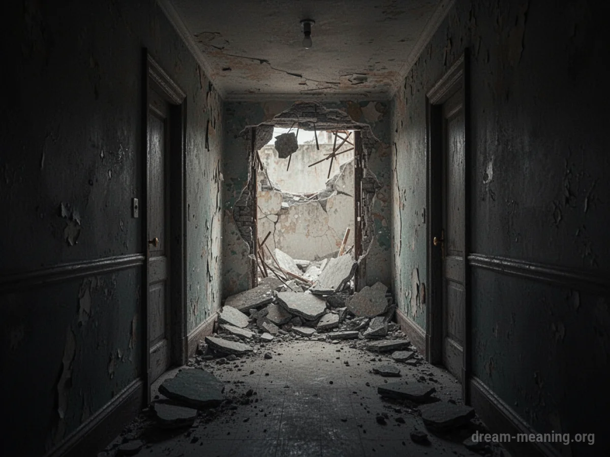 A crumbling doorway at the end of a dark hallway.