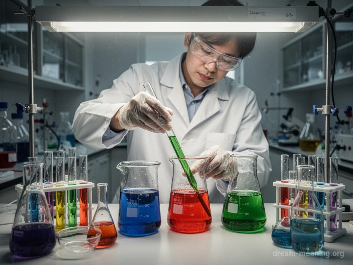 A scientist wearing a lab coat mixes chemicals in beakers.