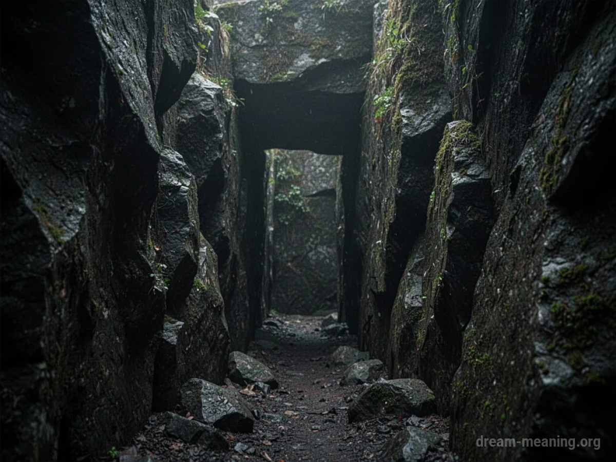 A dimly lit, narrow passage with rough, uneven walls.