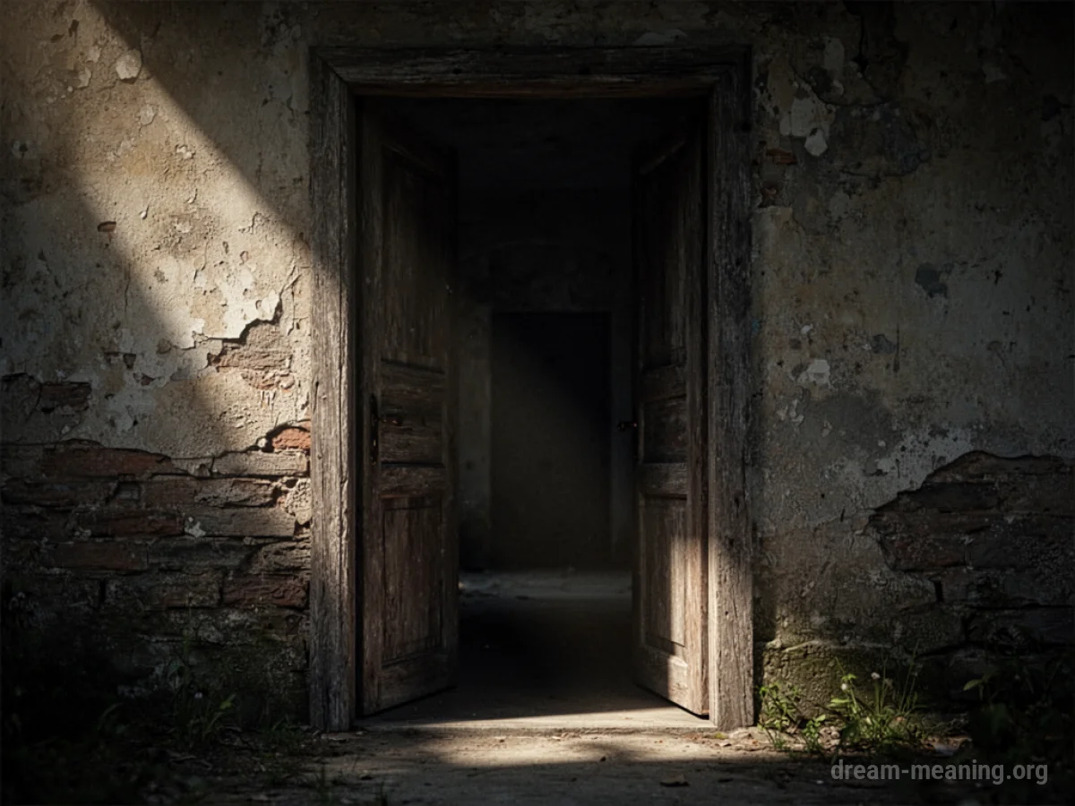 A silhouette standing before a dark doorway.