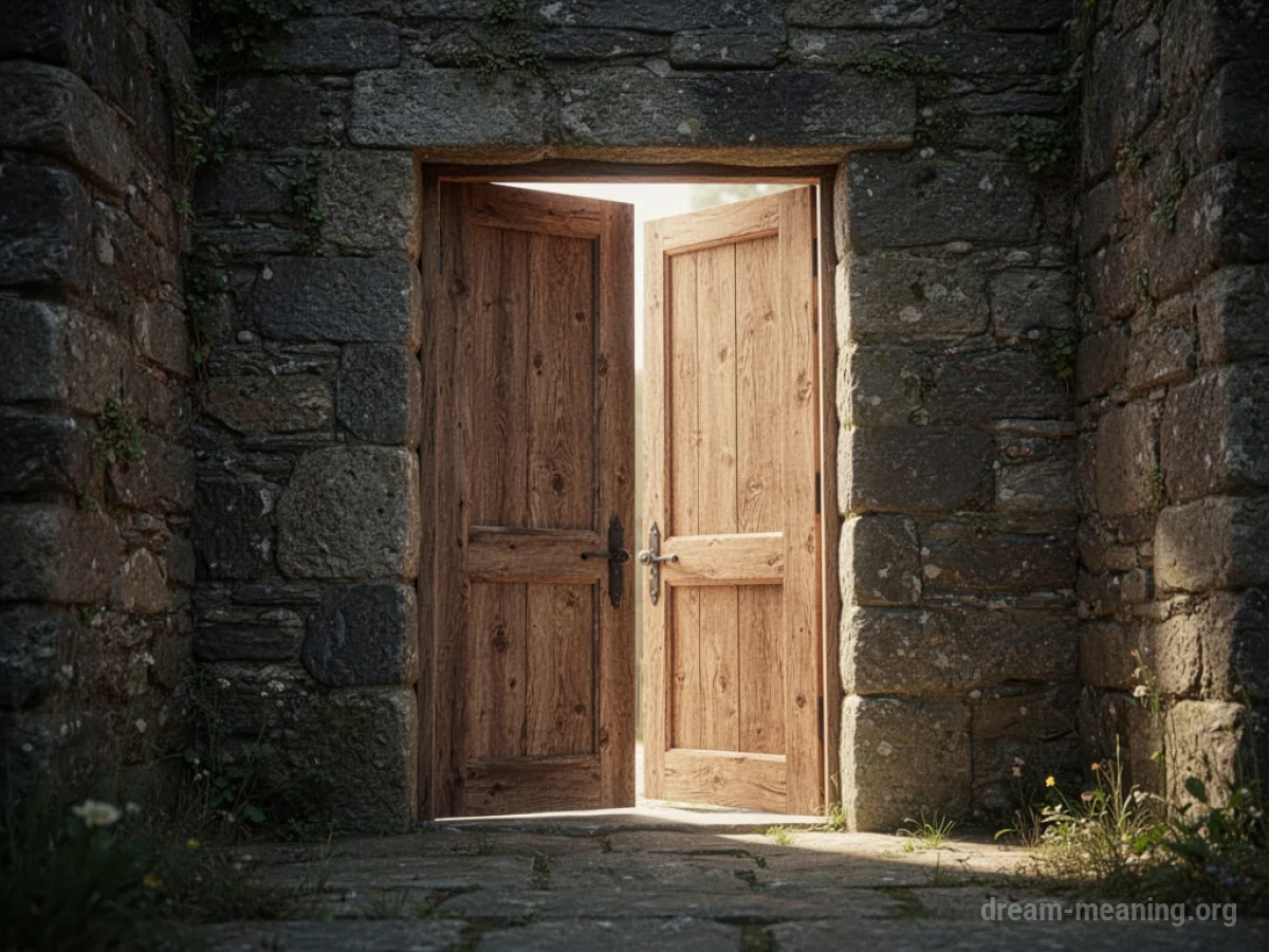 A wooden door standing open, revealing a bright, sunlit path beyond.