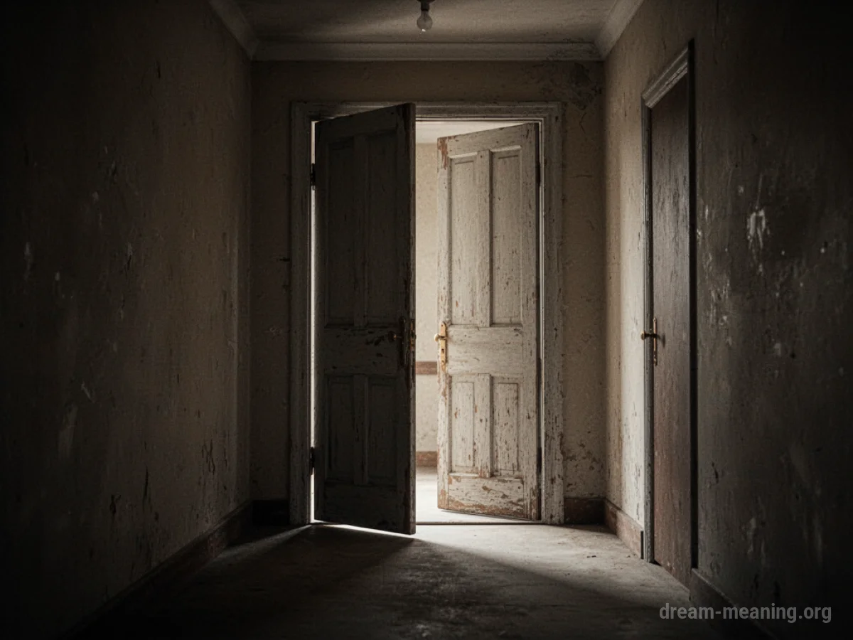 An illuminated doorway at the end of a dark hallway.