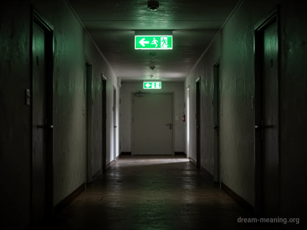 A glowing green emergency exit sign at the end of a dark hallway.