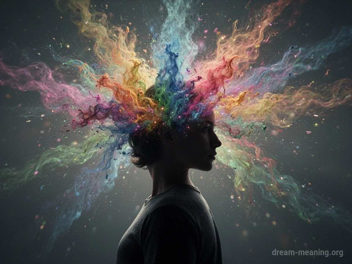 A silhouette of a person with colorful abstract shapes radiating outwards from their head.