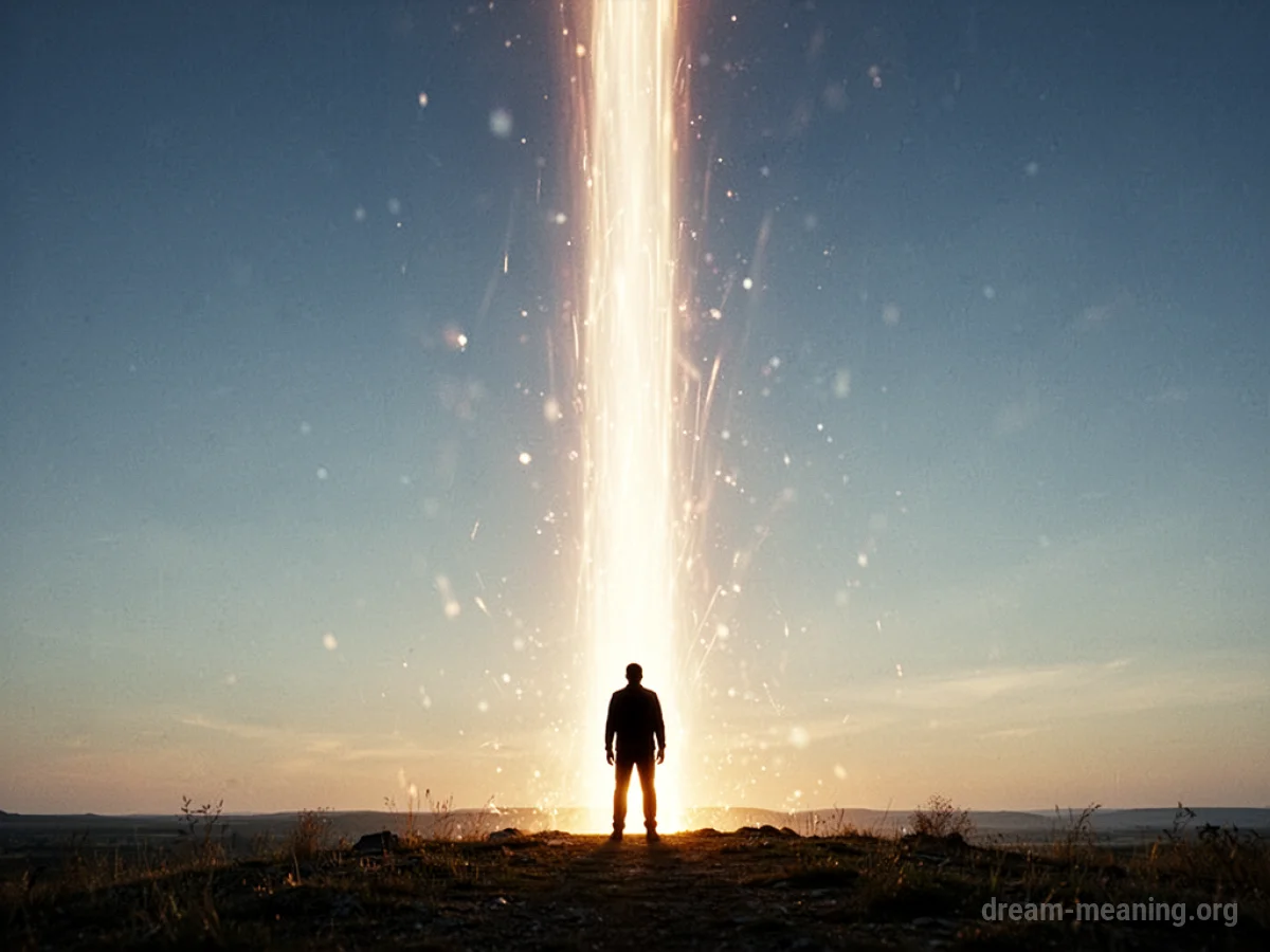 A person silhouetted against a tall, bright pillar of light.
