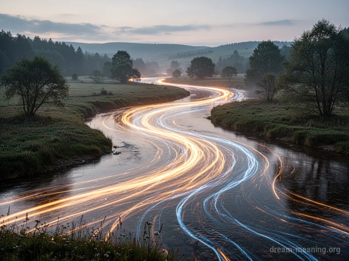 A bright, flowing stream of light moving unimpeded through a peaceful natural setting.