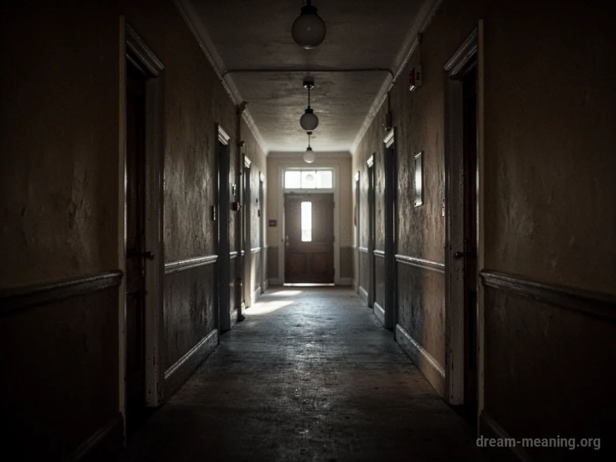 A person walking down a long, narrow corridor towards a distant light.