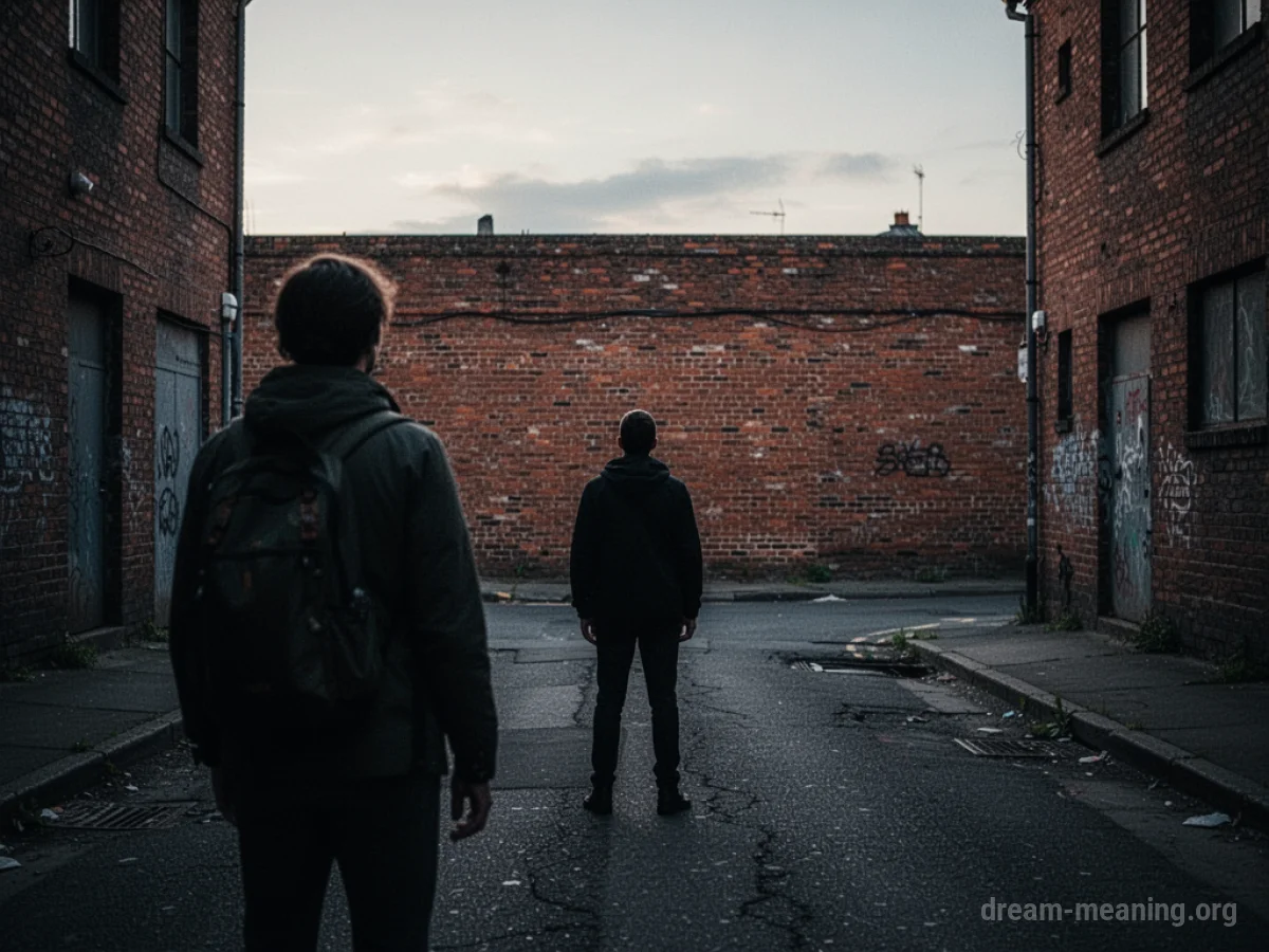 Silhouette of a person standing before a brick wall blocking a road.