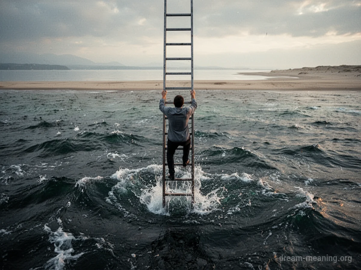 A person ascending a ladder out of choppy water toward a bright horizon.