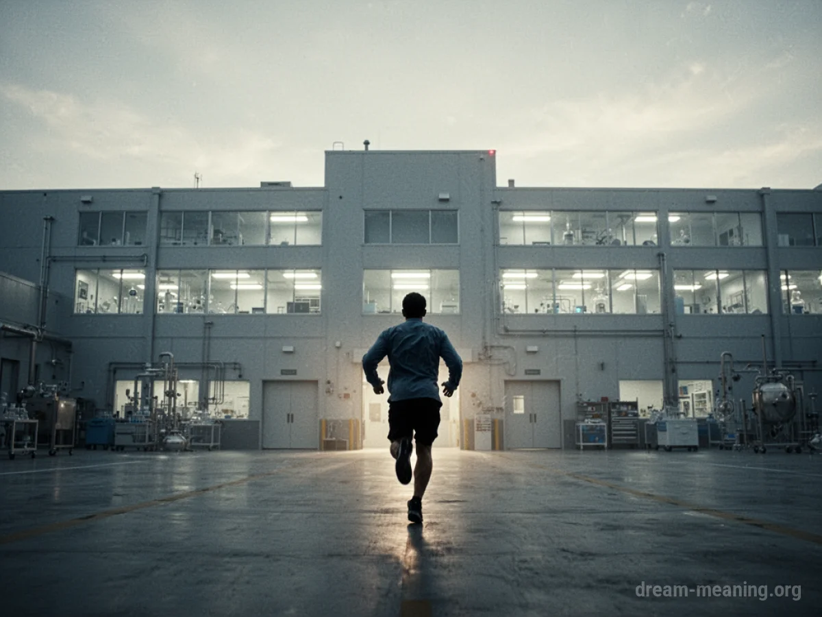 Silhouette of a person running away from a large, imposing building.
