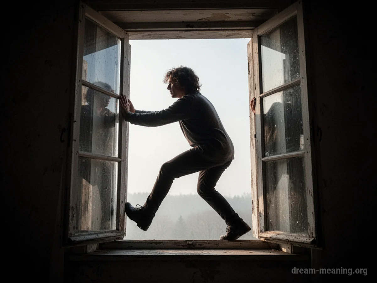 Silhouette of a person climbing out of a window towards an open sky.