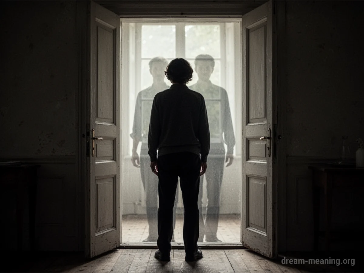 Silhouette of a person looking back towards a faint outline of another figure.