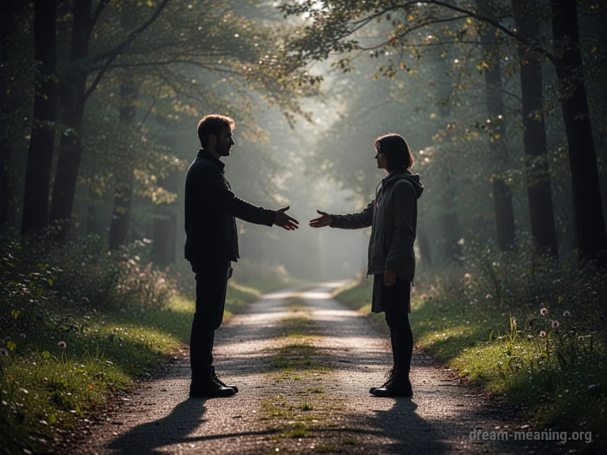 Two silhouetted figures standing on a path, one figure's hand is reaching out.