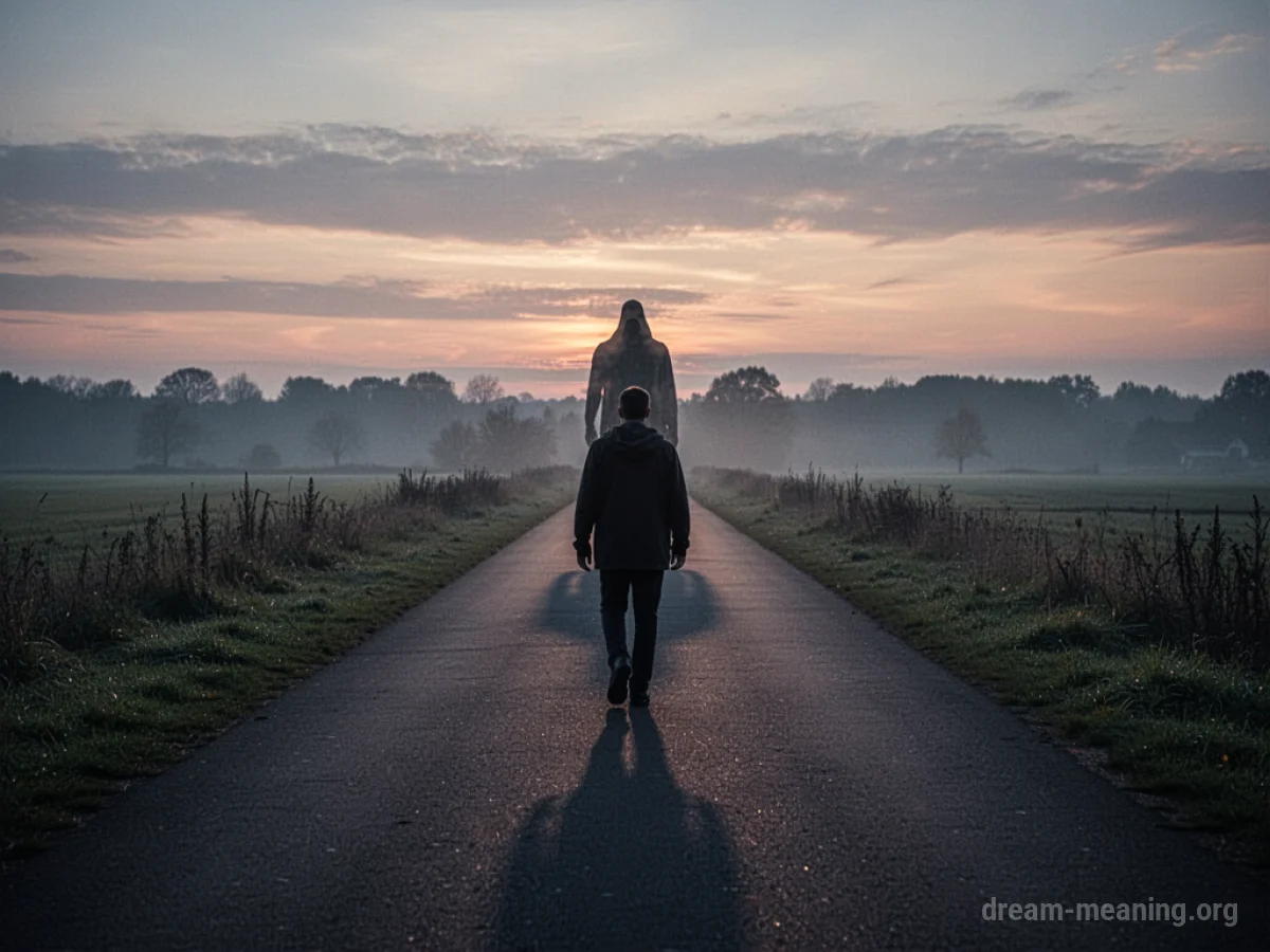 A person walks away from a distant, dark silhouette on a path.