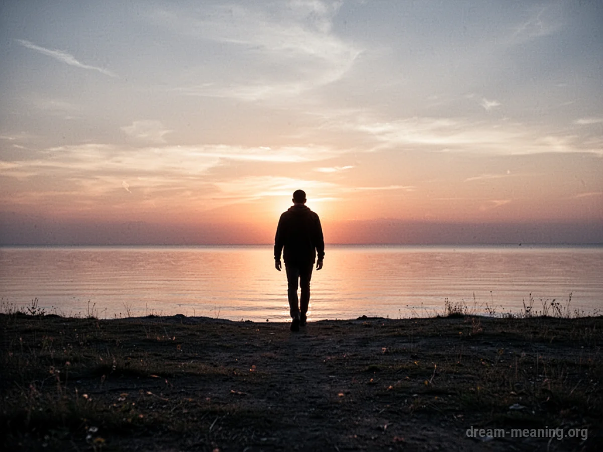 A figure walking away from the viewer towards a distant horizon.