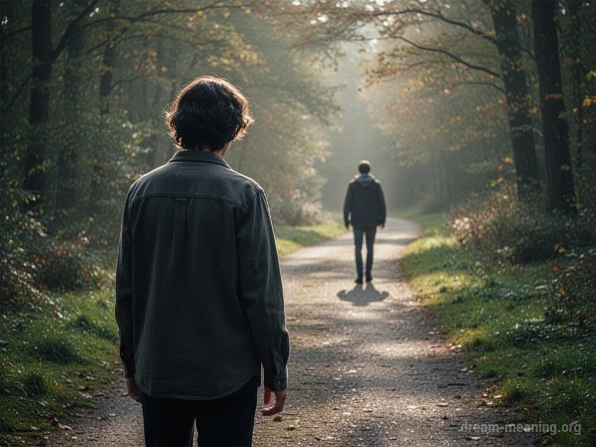 A figure walking away down a path from another figure.