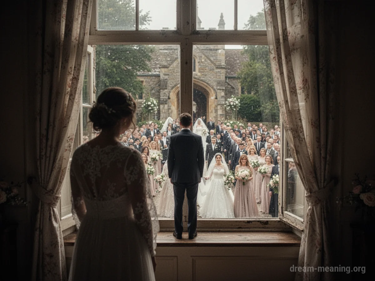 A person looking through a window at a distant wedding ceremony.