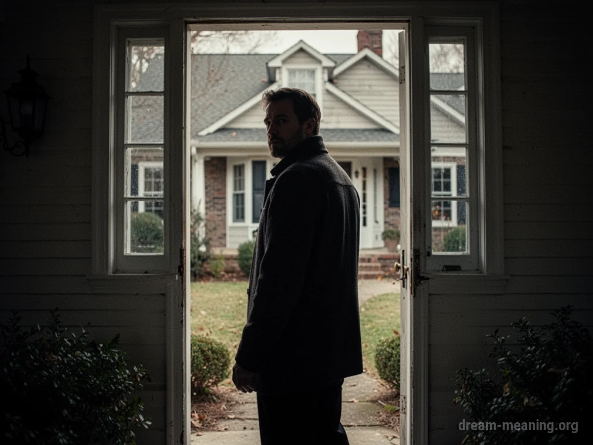A silhouette of a man stands in the entrance of a house.