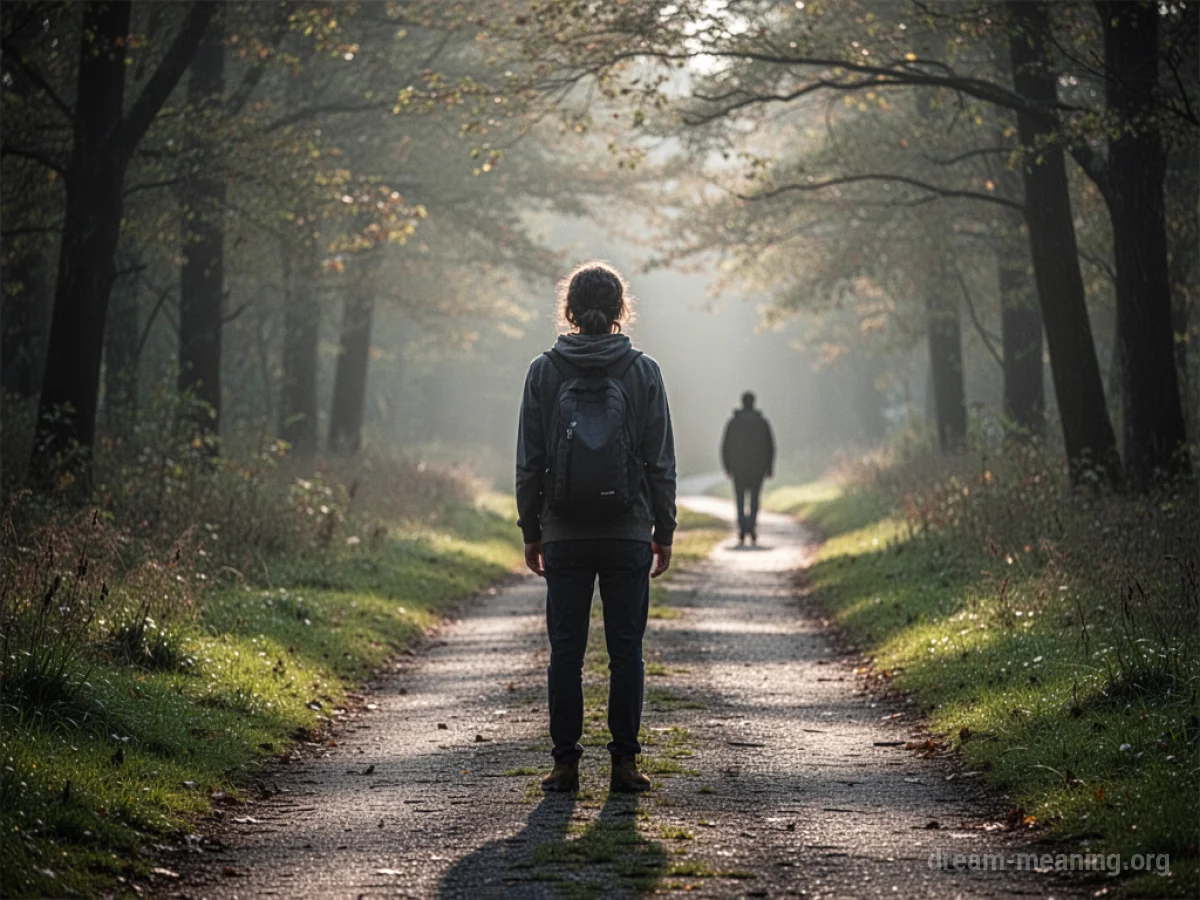 A silhouette of a person walking away from another person standing alone.