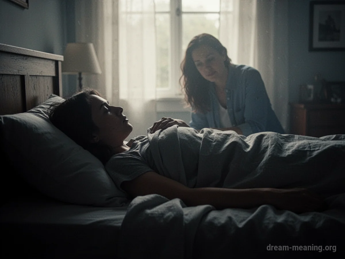 Silhouette of a person in bed next to another indistinct figure.