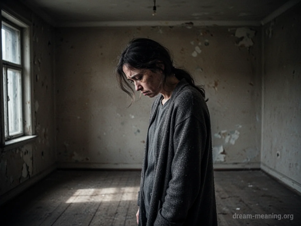 A person with their head bowed in a dimly lit, empty room.