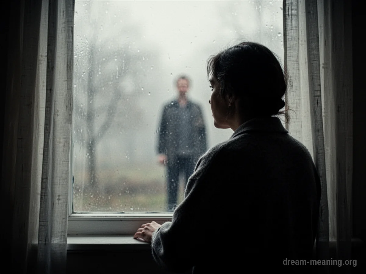 Silhouette of a person gazing out a window towards a distant, indistinct figure.