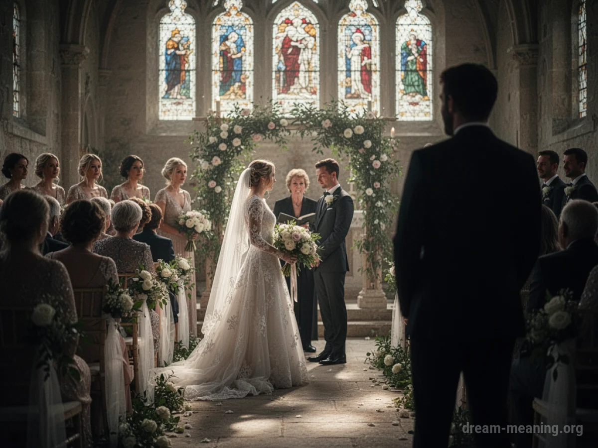 A wedding ceremony with a distant, indistinct male figure observing.