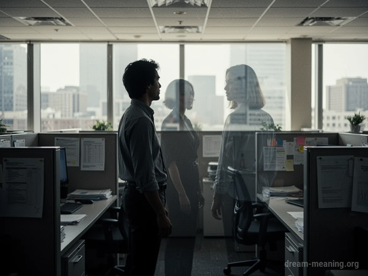 Silhouette in an office cubicle with a faint figure nearby.