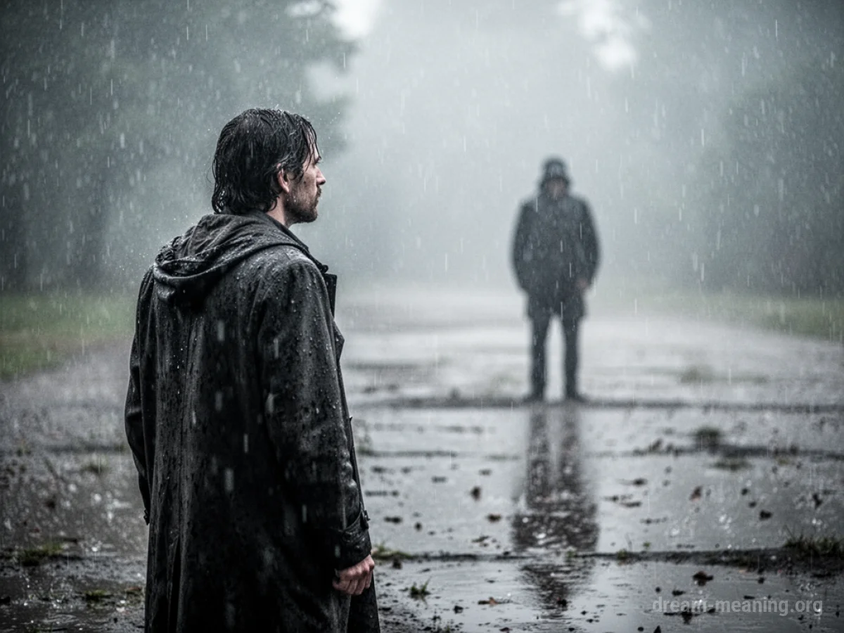 A person stands alone in the rain, looking towards a blurry figure in the distance.