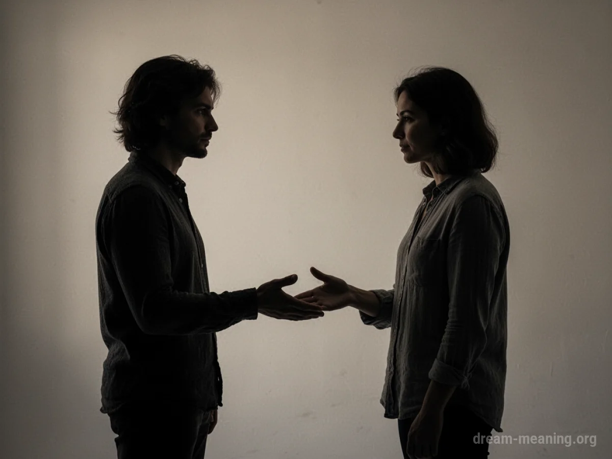 Two indistinct figures facing each other in a gentle light.