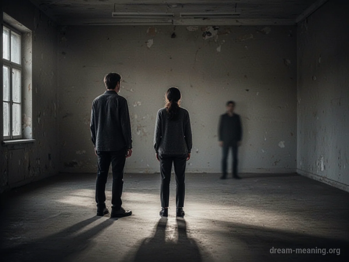A person standing alone in a dark room with a faint silhouette in the distance.