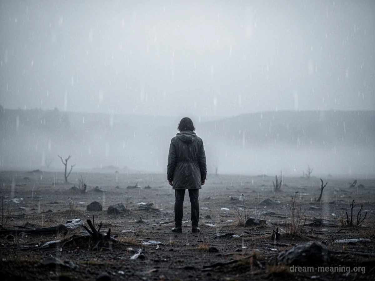 A silhouette of a person standing in a misty rain.