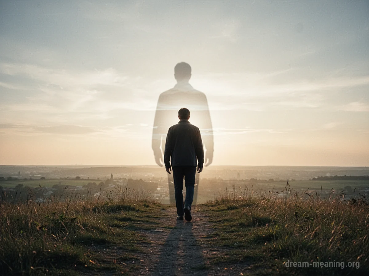 A person walking away from a faint, fading silhouette into a bright, sunlit path.