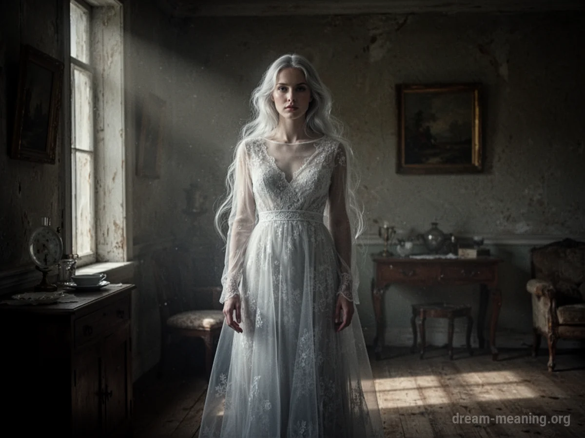 A faint, ghost-like silhouette of a woman in a shadowy room.