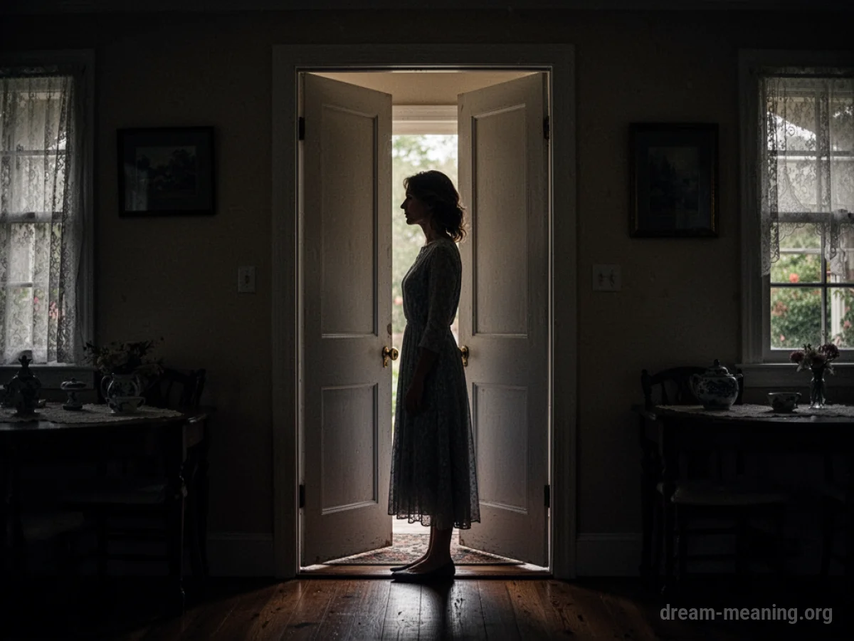 Silhouette of a woman standing in the doorway of a house.