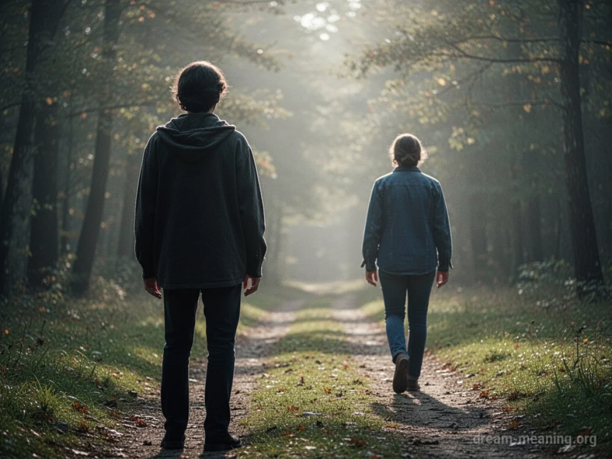 Silhouette of one person walking away from another person.