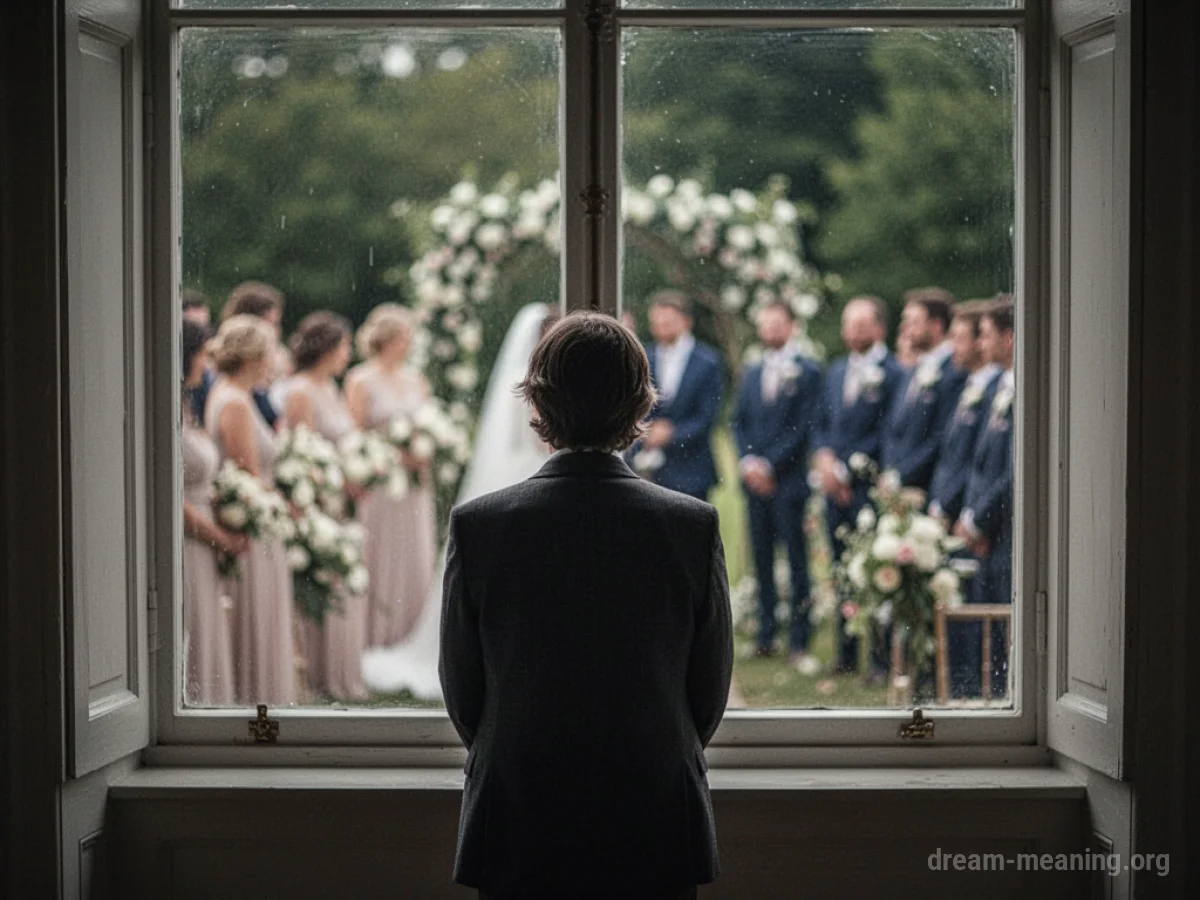 Silhouette of a person watching a wedding ceremony from a distance.