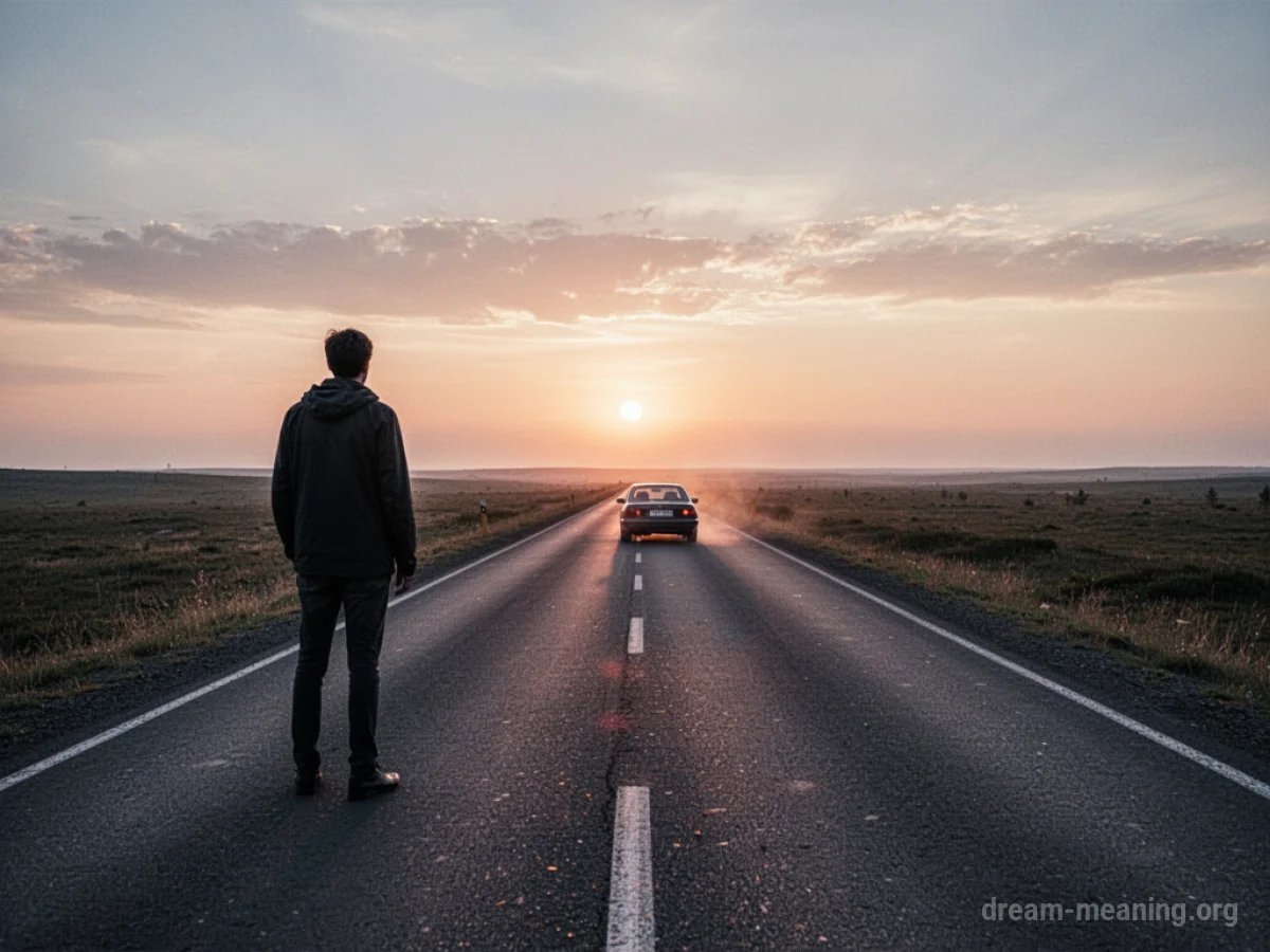 A person watches a car drive away on a road.