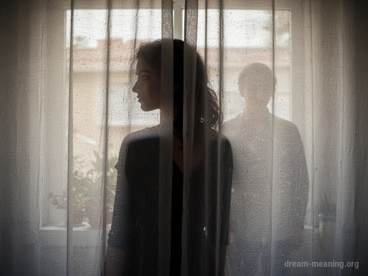 Silhouette of a person behind a sheer curtain.
