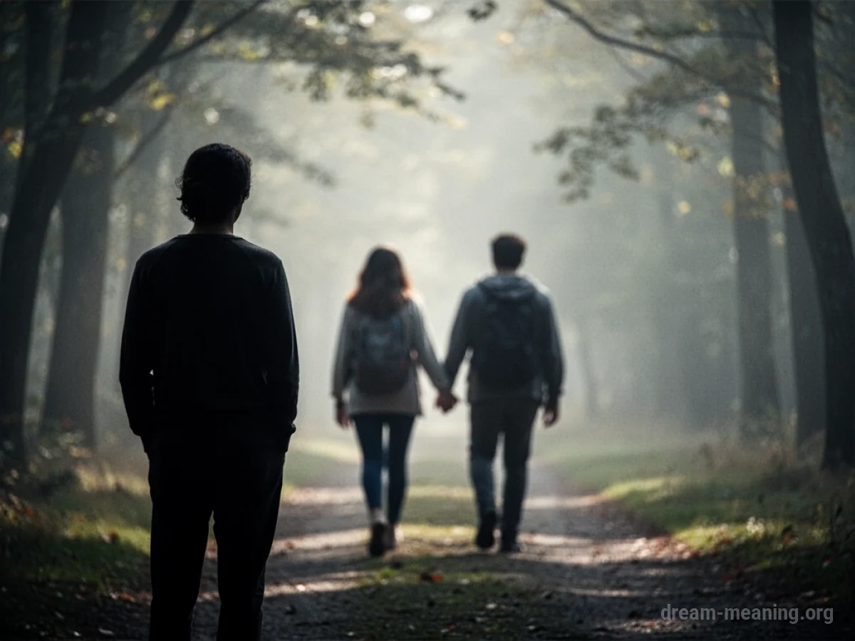 Silhouette of a person watching two figures walk away.