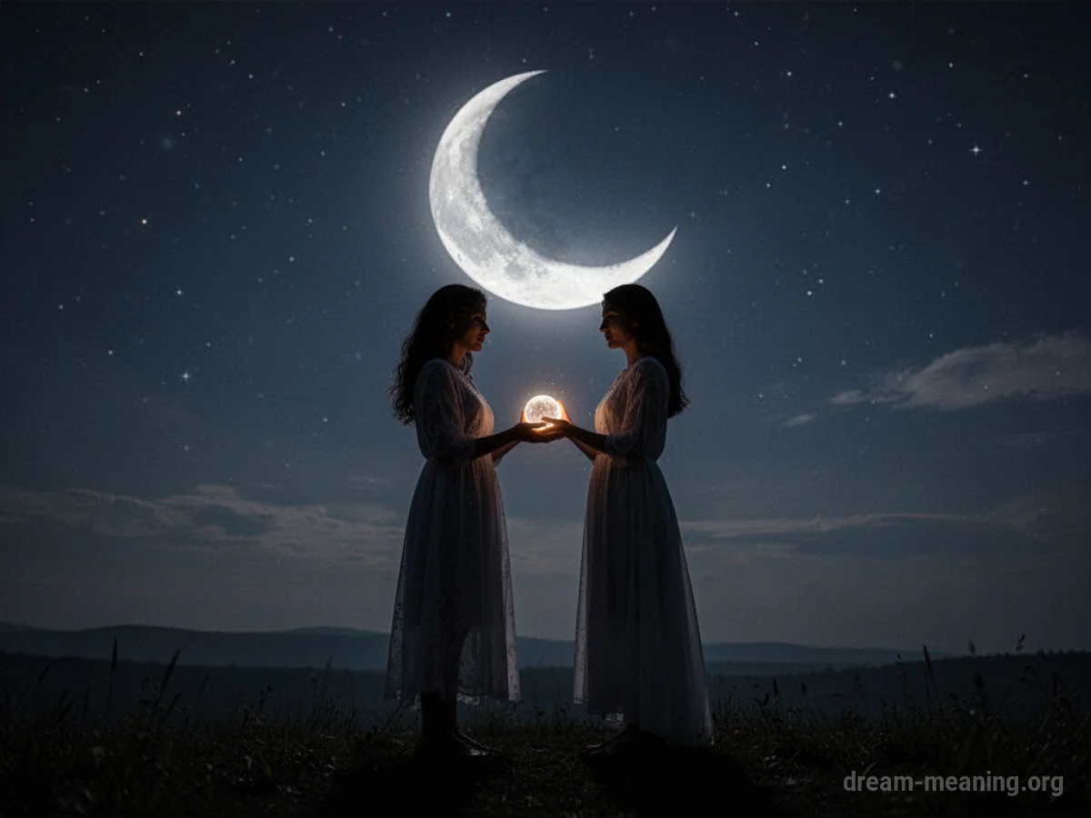 Silhouettes of a man and a woman under a moon, holding a glowing orb.