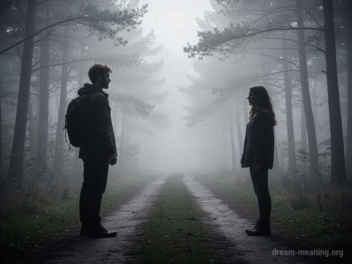 Two silhouetted figures on a path, one looking back.
