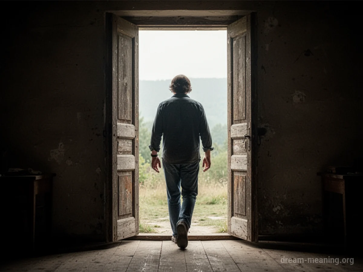 A figure moving from a dark room through an open doorway into a brightly lit space.