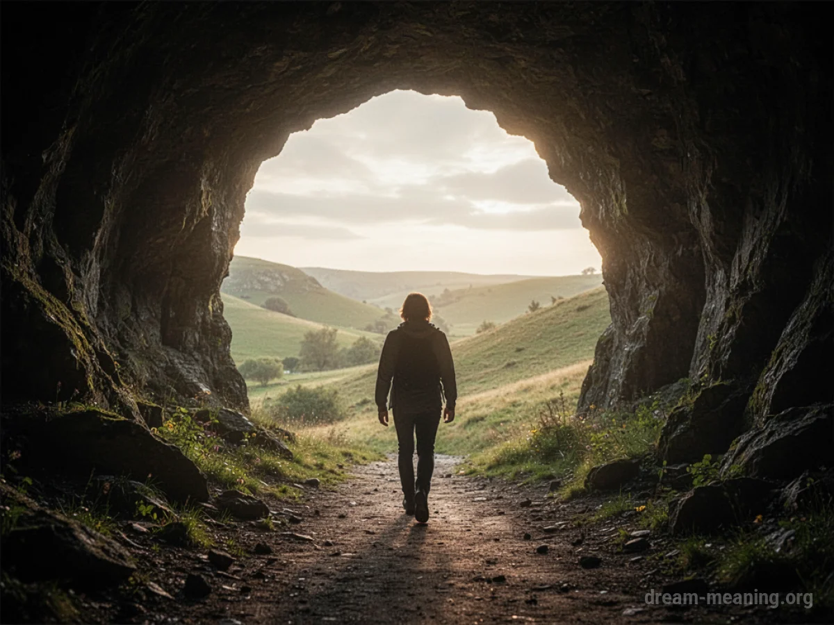 A person moving from a shadowed cave entrance into a brightly lit area.