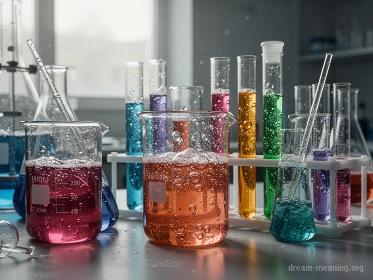 Laboratory beakers with colorful bubbling liquids.