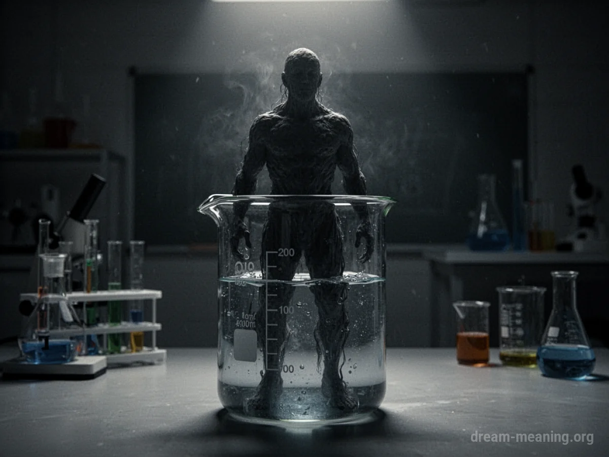 A dark, amorphous shape partially emerging from a glass laboratory beaker.