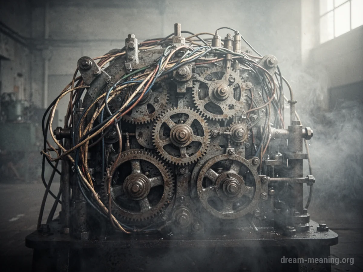 Close-up of complex machinery with visible gears and wiring, shrouded in mist.